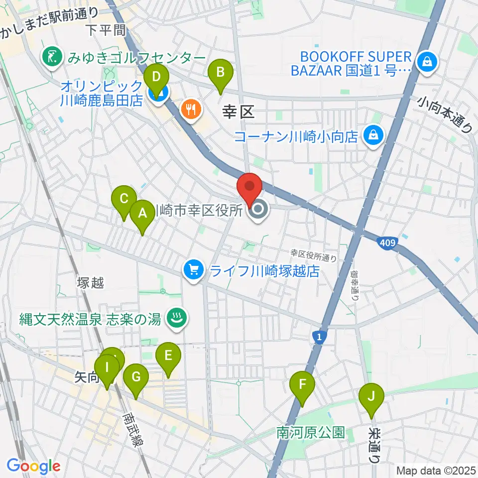 川崎市幸スポーツセンター周辺のカフェ一覧地図