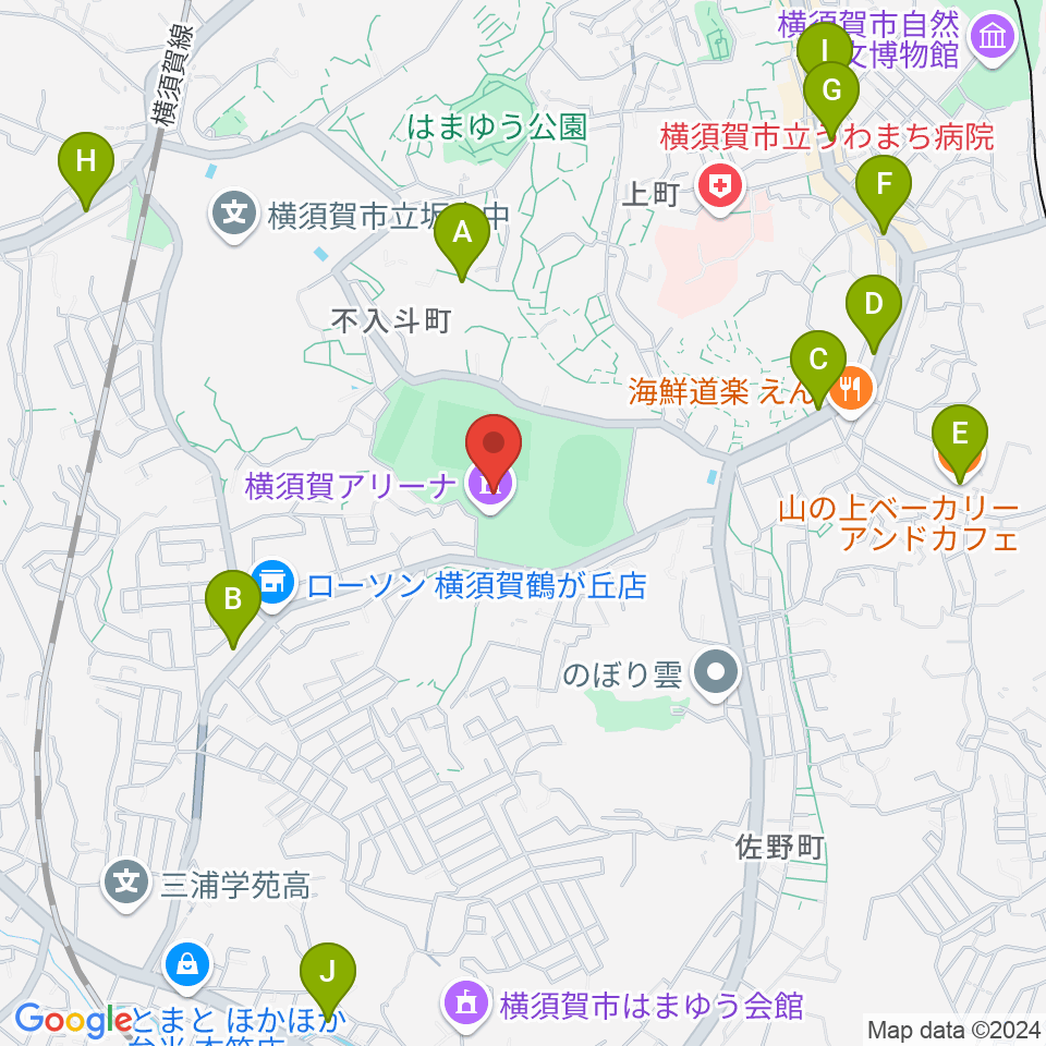 横須賀アリーナ周辺のカフェ一覧地図