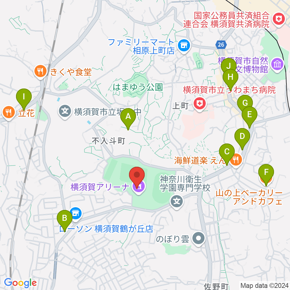 横須賀アリーナ周辺のカフェ一覧地図