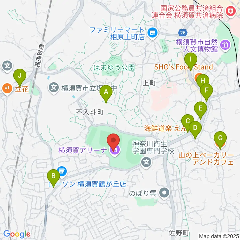横須賀アリーナ周辺のカフェ一覧地図