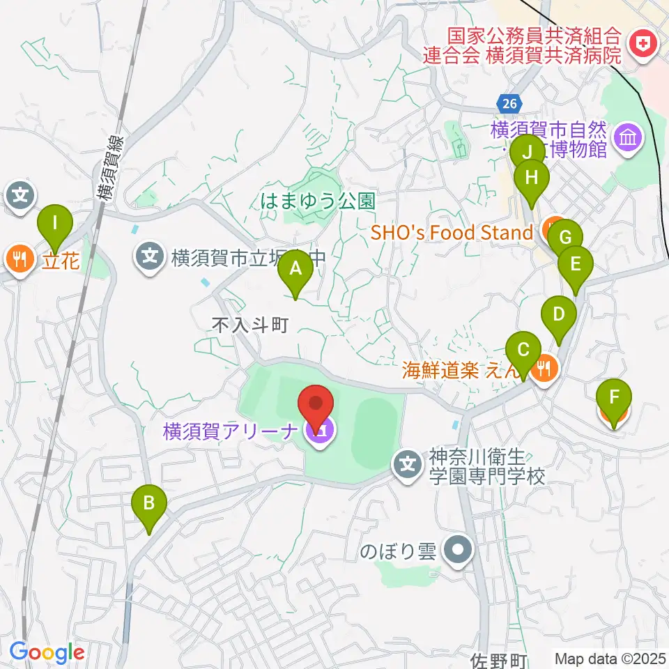 横須賀アリーナ周辺のカフェ一覧地図