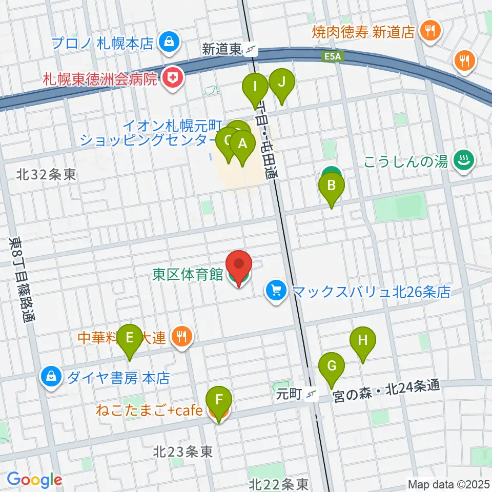 札幌市東区体育館周辺のカフェ一覧地図