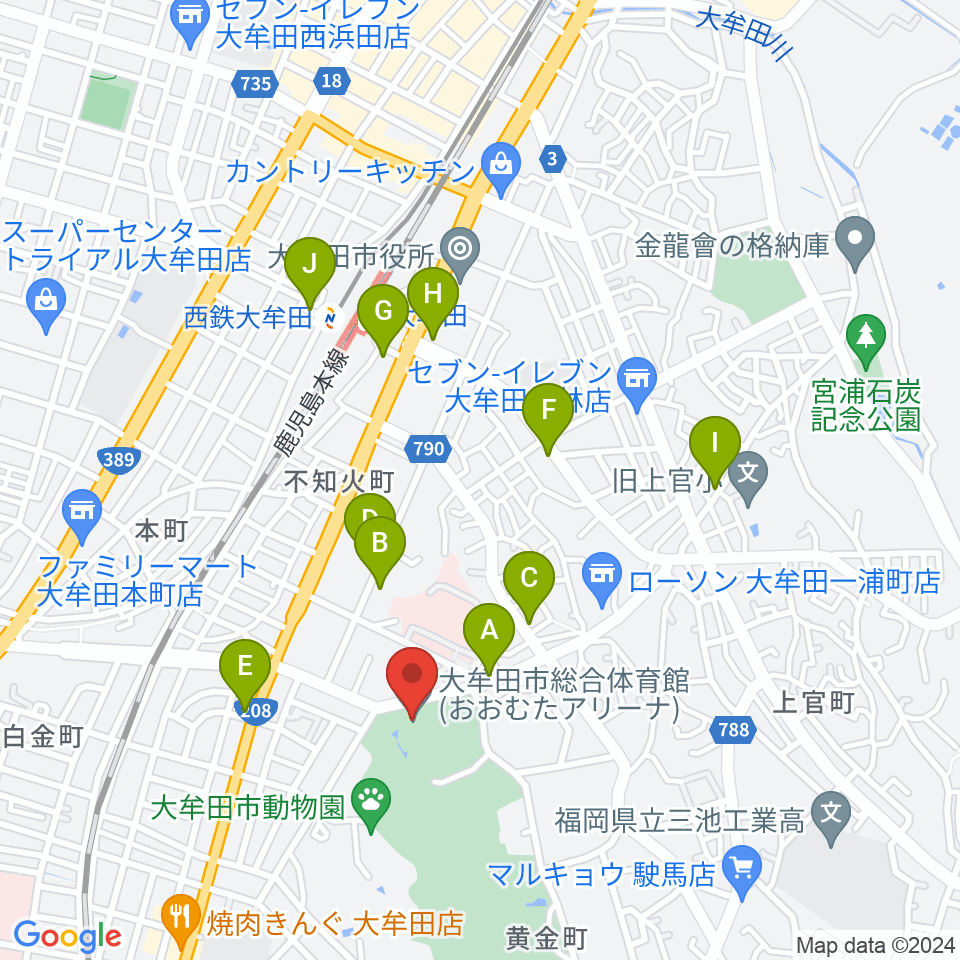 おおむたアリーナ周辺のカフェ一覧地図