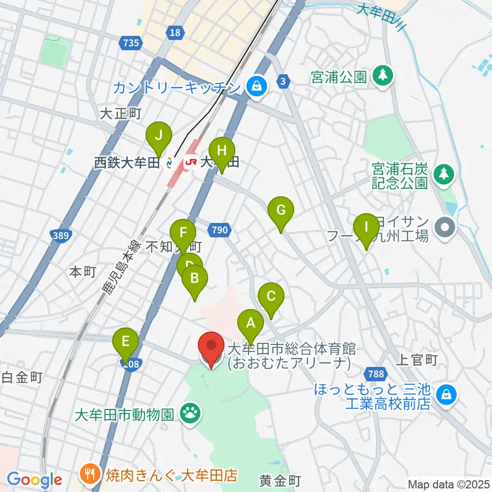 おおむたアリーナ周辺のカフェ一覧地図