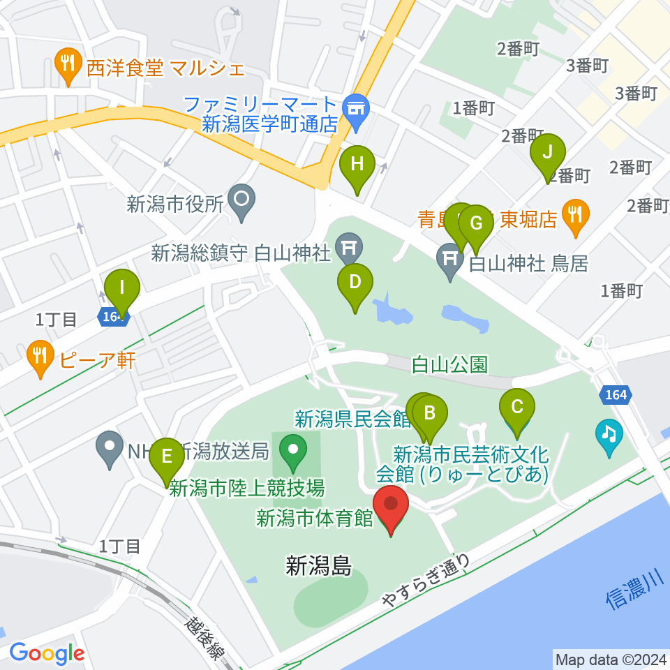 新潟市体育館周辺のカフェ一覧地図