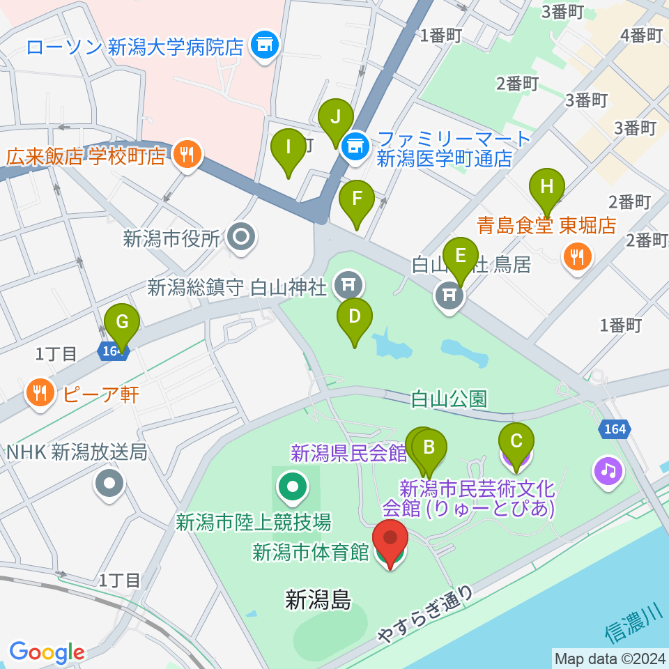 新潟市体育館周辺のカフェ一覧地図