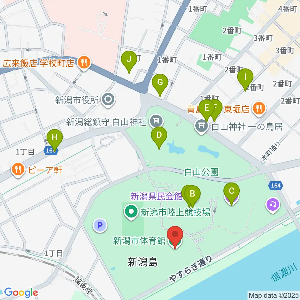 新潟市体育館周辺のカフェ一覧地図