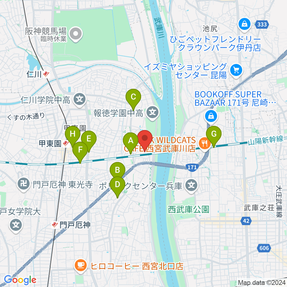 西宮市甲武体育館周辺のカフェ一覧地図