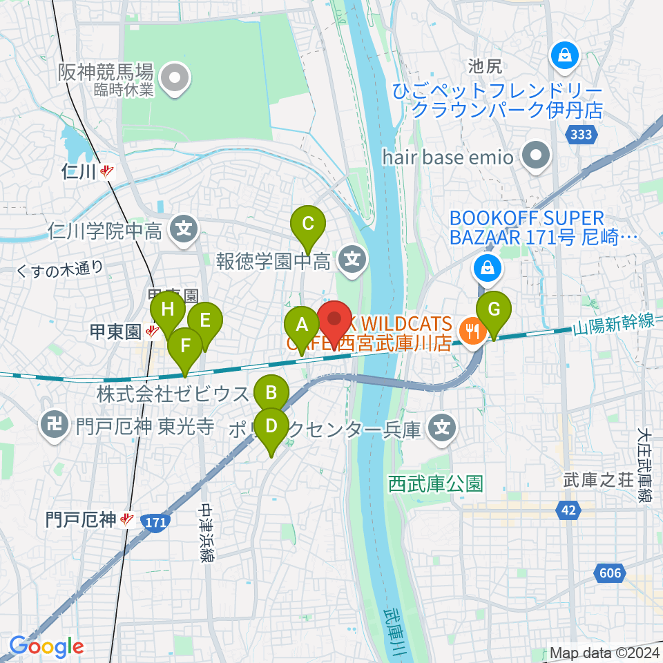 西宮市甲武体育館周辺のカフェ一覧地図