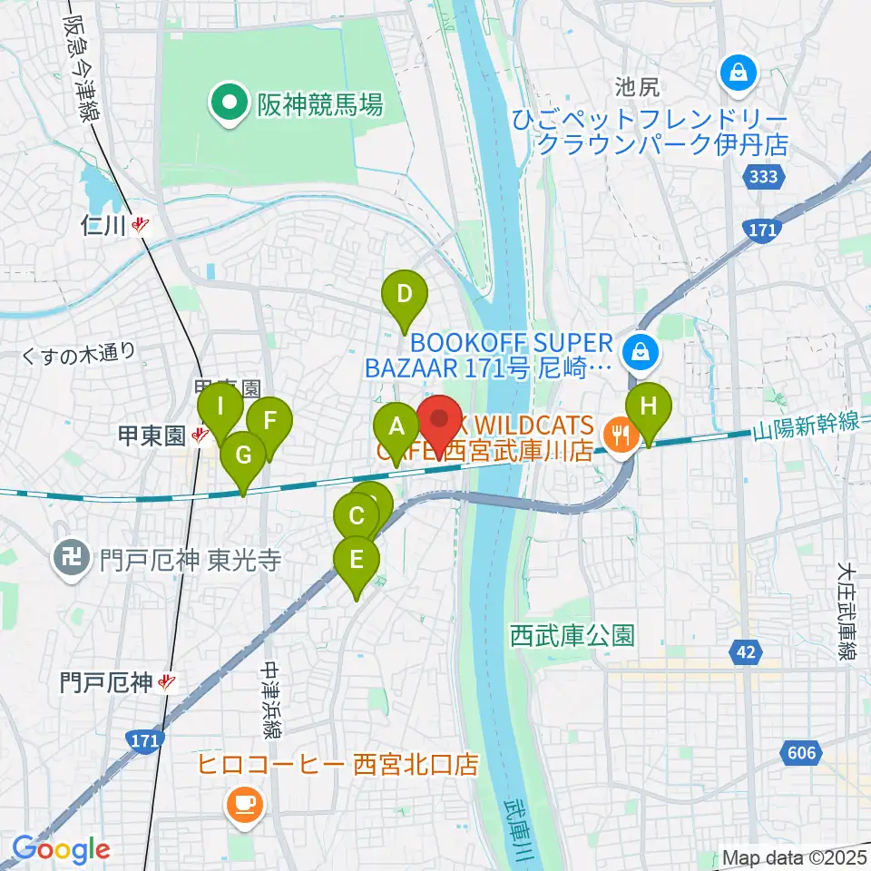 西宮市甲武体育館周辺のカフェ一覧地図