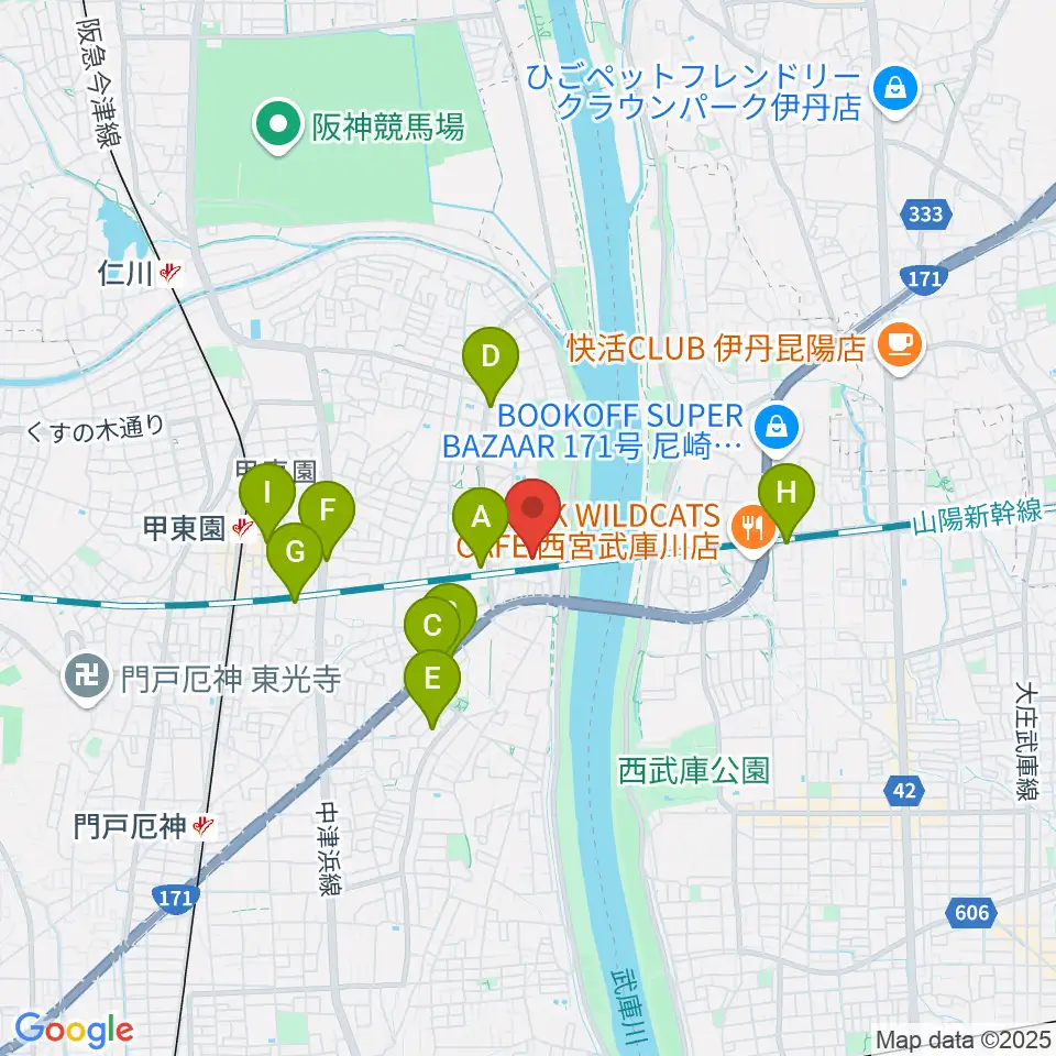 西宮市甲武体育館周辺のカフェ一覧地図