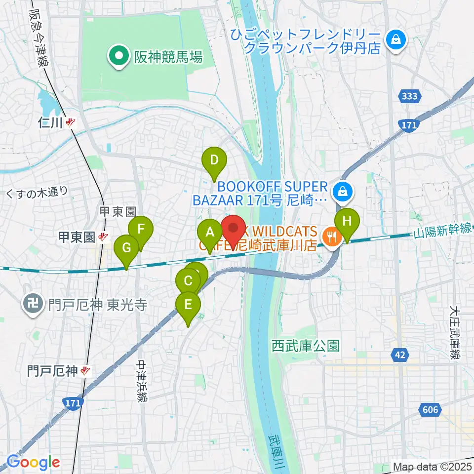 西宮市甲武体育館周辺のカフェ一覧地図