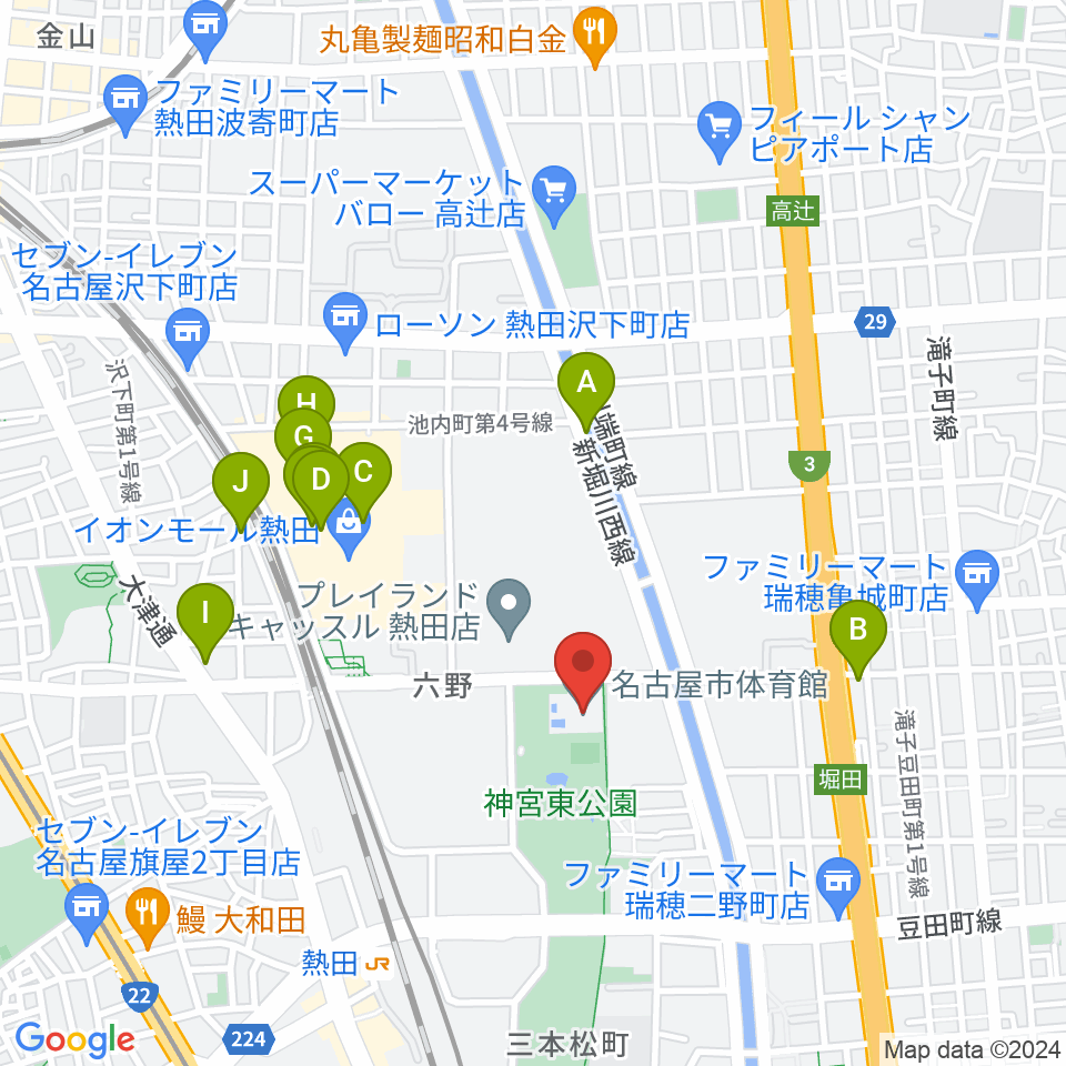 名古屋市体育館周辺のカフェ一覧地図