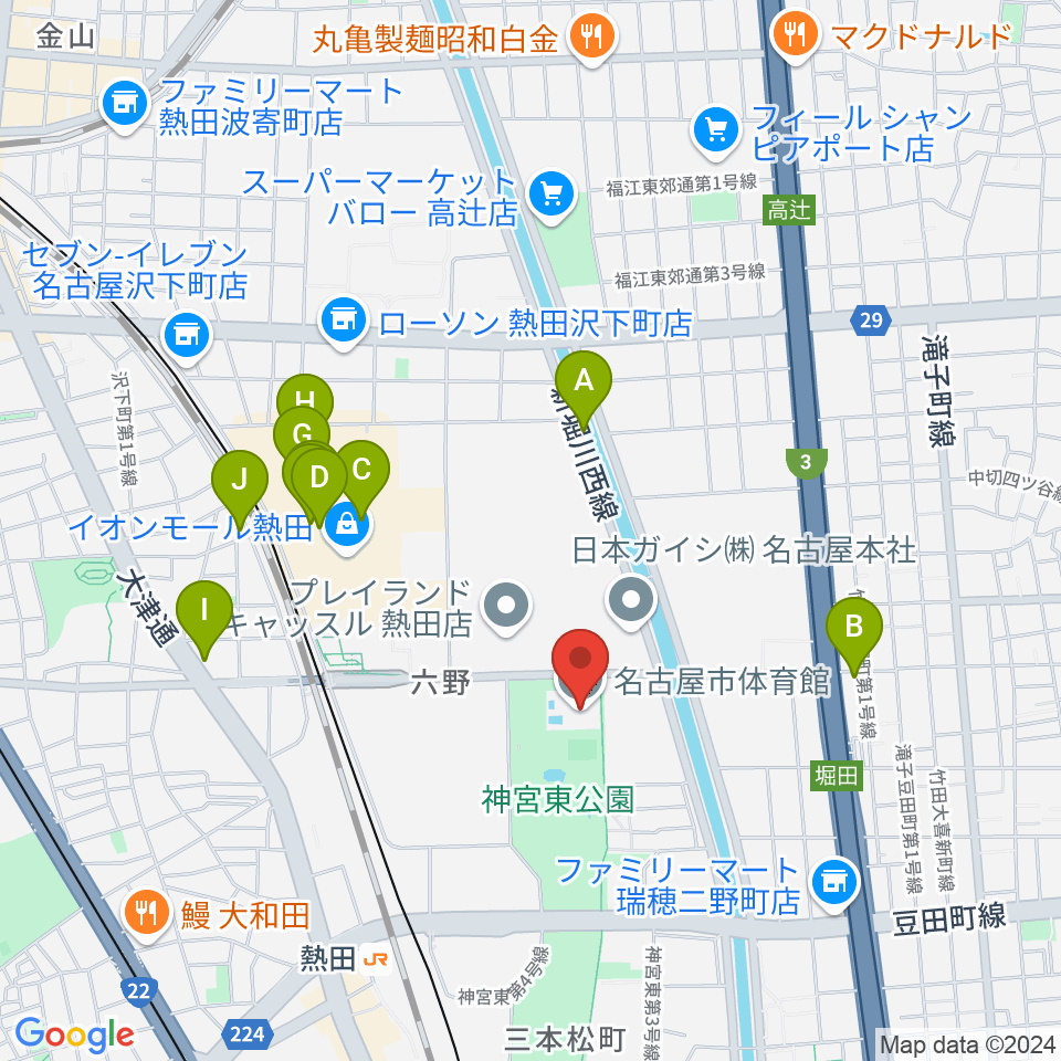 名古屋市体育館周辺のカフェ一覧地図