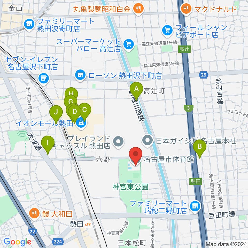 名古屋市体育館周辺のカフェ一覧地図