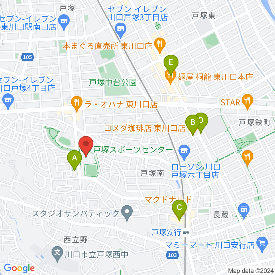 川口市立戸塚スポーツセンター周辺のカフェ一覧地図