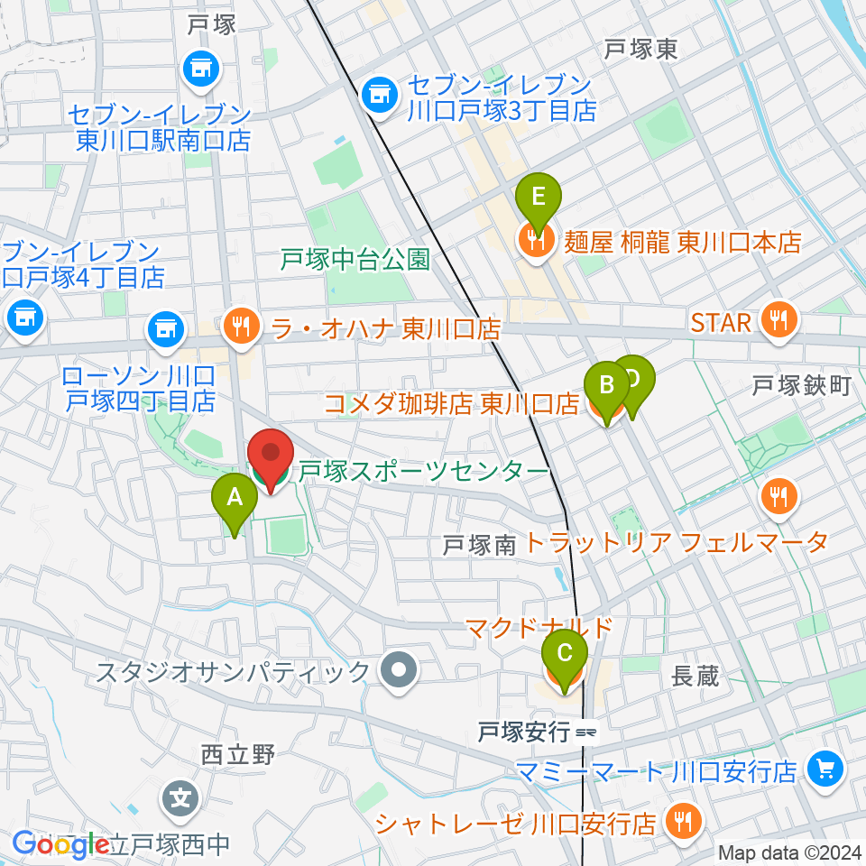 川口市立戸塚スポーツセンター周辺のカフェ一覧地図