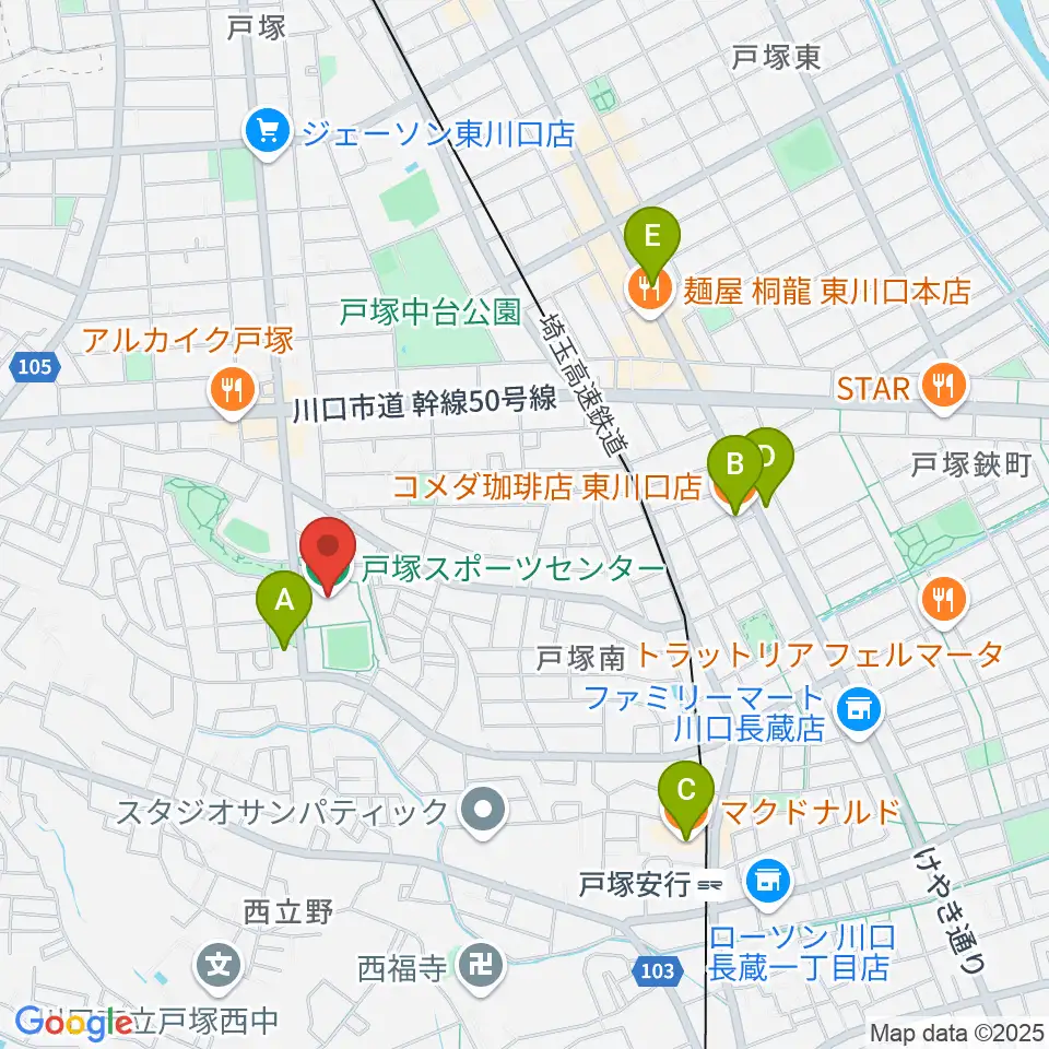 川口市立戸塚スポーツセンター周辺のカフェ一覧地図