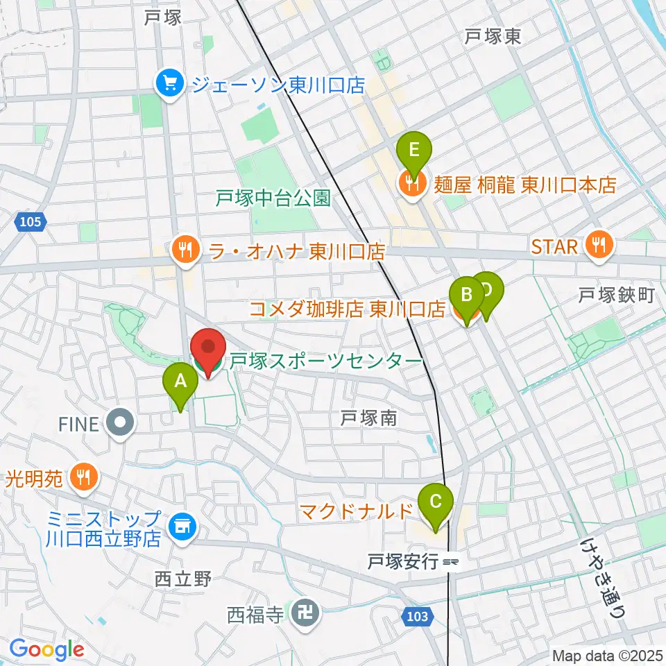 川口市立戸塚スポーツセンター周辺のカフェ一覧地図