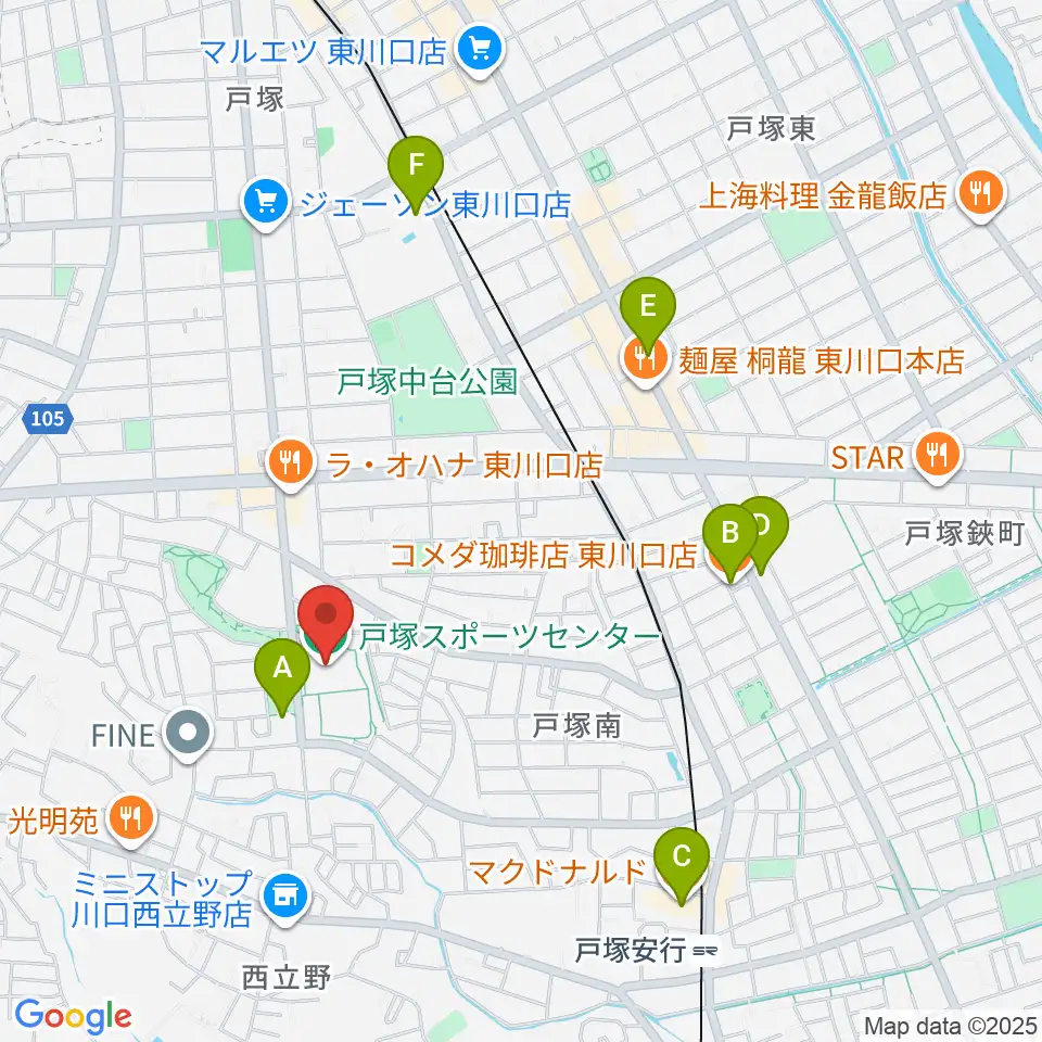 川口市立戸塚スポーツセンター周辺のカフェ一覧地図