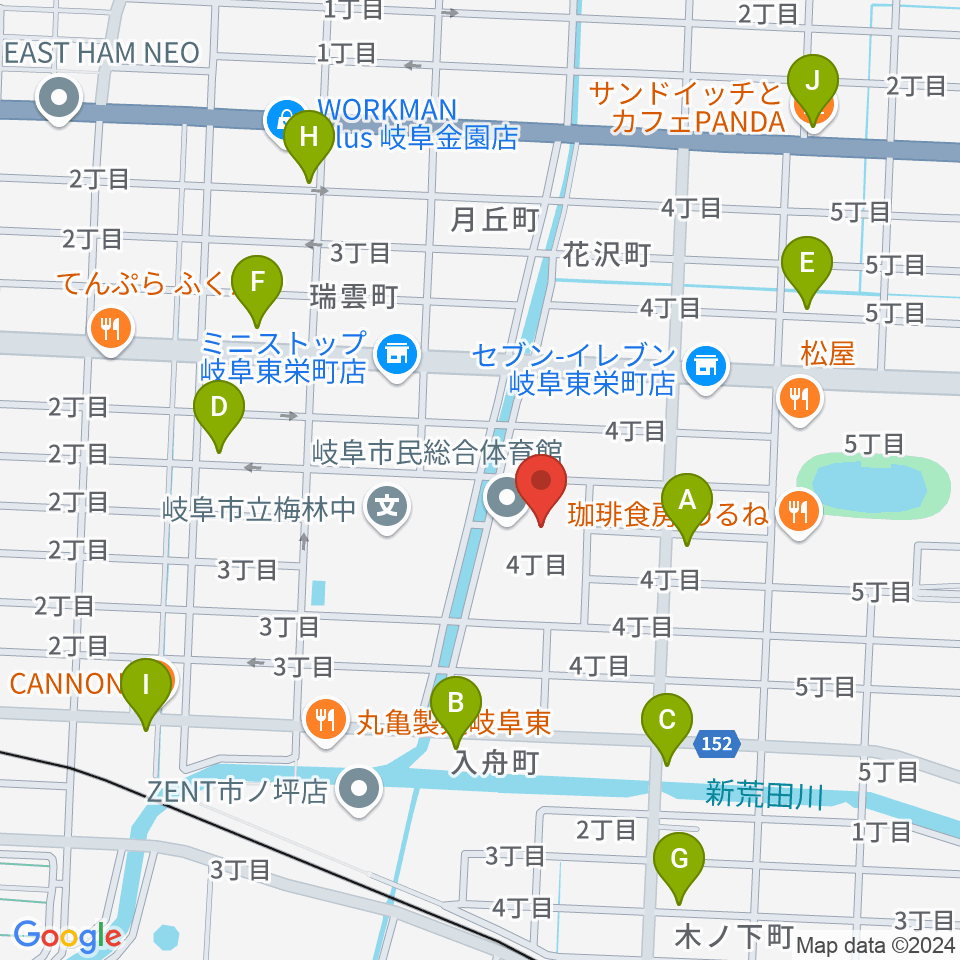 岐阜市民総合体育館周辺のカフェ一覧地図