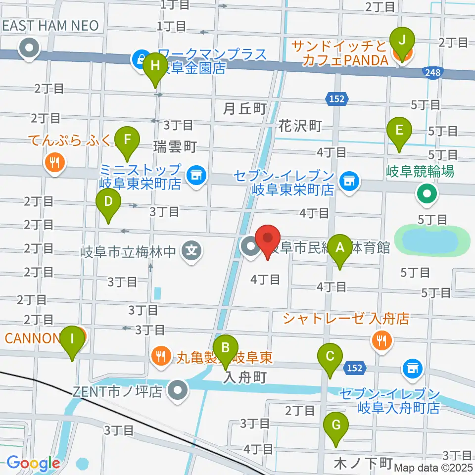 岐阜市民総合体育館周辺のカフェ一覧地図