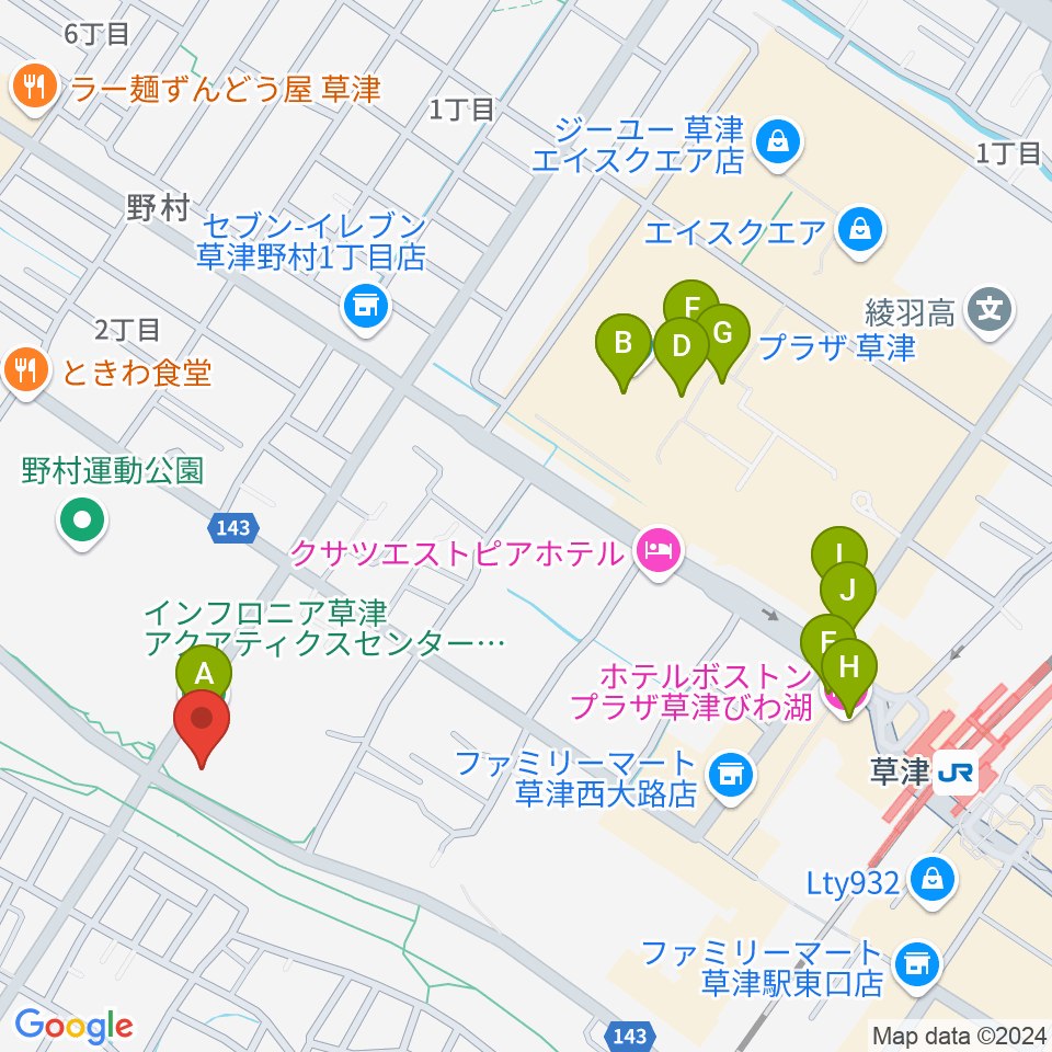 インフロニア草津アクアティクスセンター周辺のカフェ一覧地図