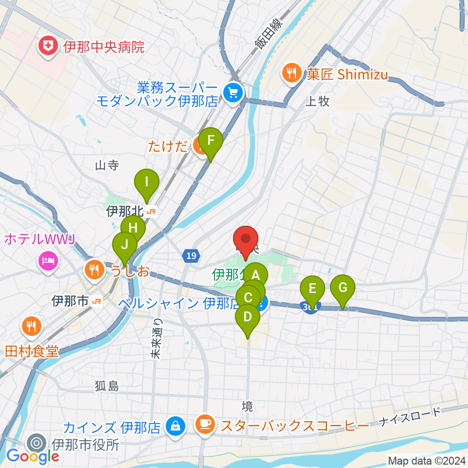 伊那ニッパツスタジアム周辺のカフェ一覧地図