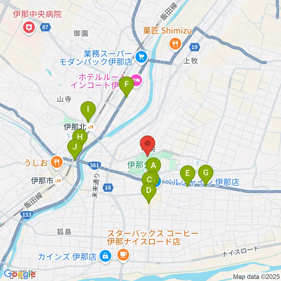 伊那ニッパツスタジアム周辺のカフェ一覧地図