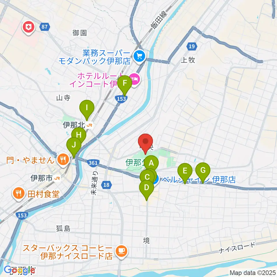 伊那ニッパツスタジアム周辺のカフェ一覧地図