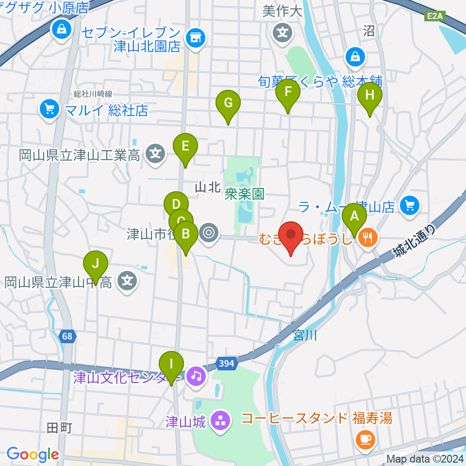 岡山県津山総合体育館周辺のカフェ一覧地図