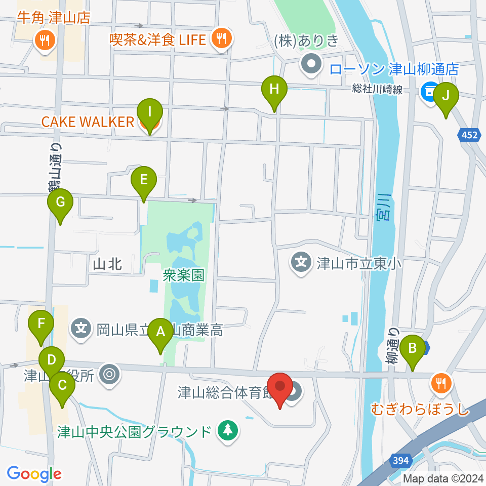 岡山県津山総合体育館周辺のカフェ一覧地図