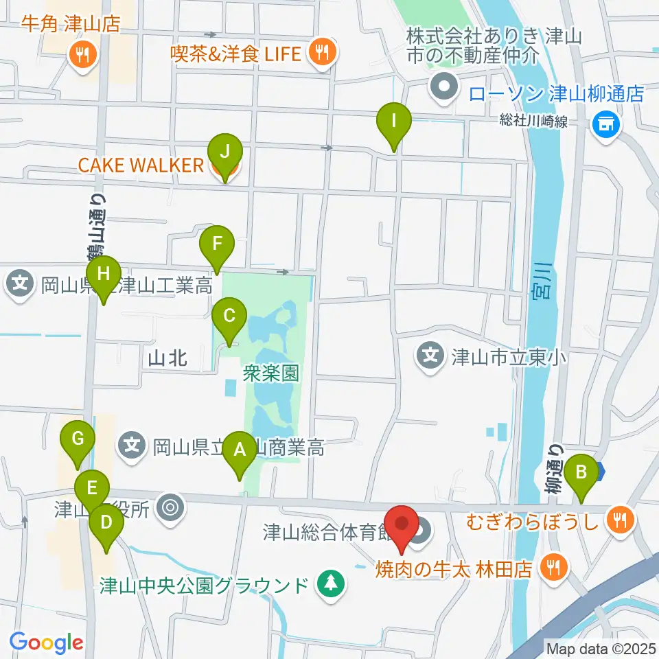 岡山県津山総合体育館周辺のカフェ一覧地図