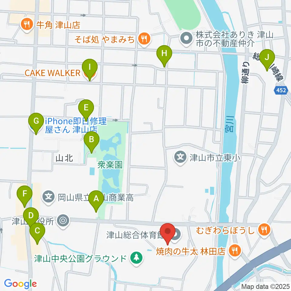 岡山県津山総合体育館周辺のカフェ一覧地図