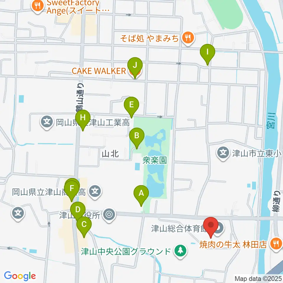 岡山県津山総合体育館周辺のカフェ一覧地図