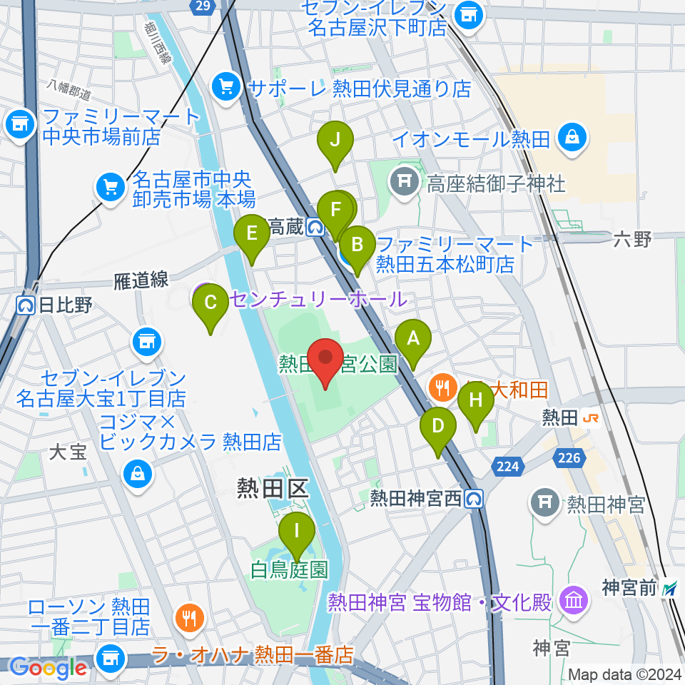 熱田球技場周辺のカフェ一覧地図