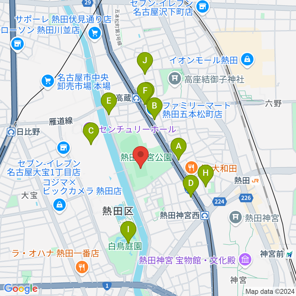 熱田球技場周辺のカフェ一覧地図