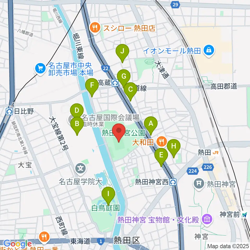 熱田球技場周辺のカフェ一覧地図