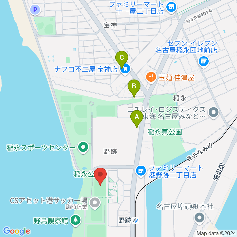 稲永公園球技場周辺のカフェ一覧地図