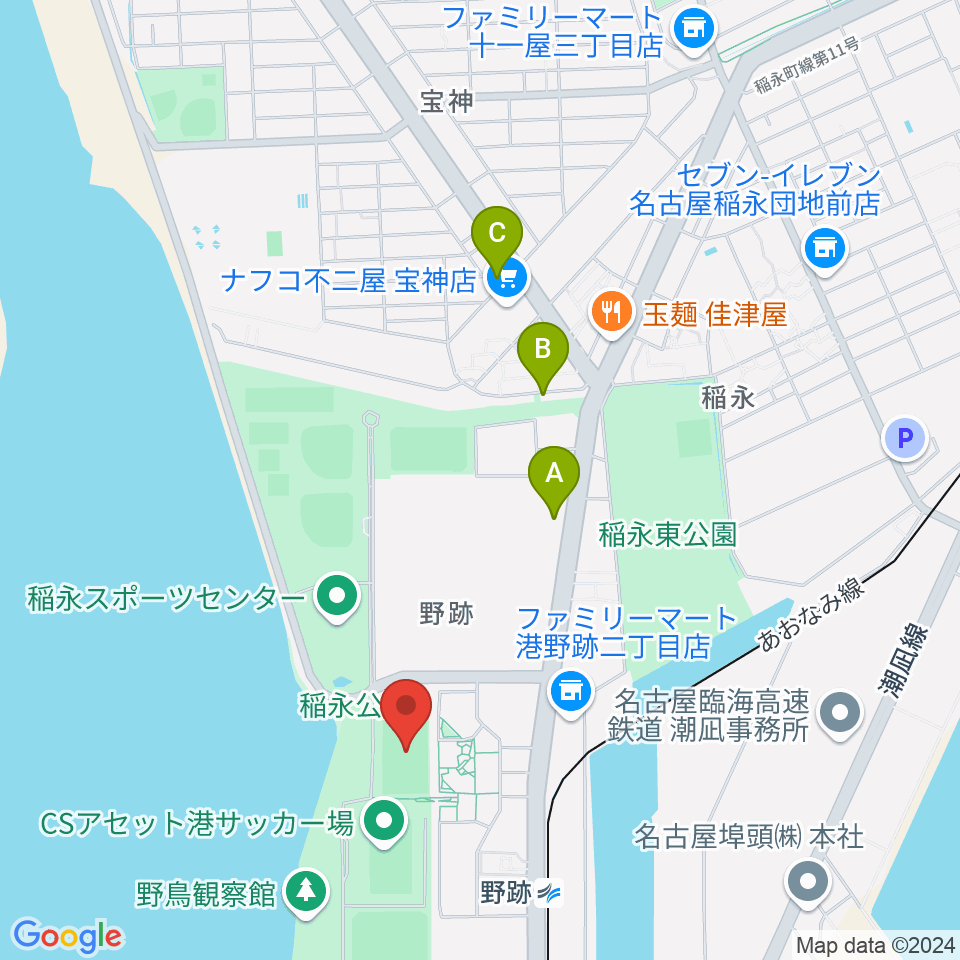 稲永公園球技場周辺のカフェ一覧地図