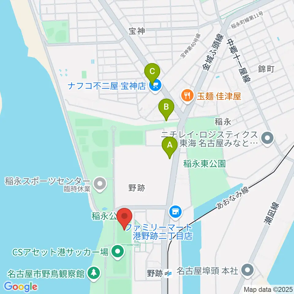 稲永公園球技場周辺のカフェ一覧地図