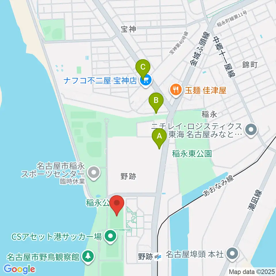稲永公園球技場周辺のカフェ一覧地図