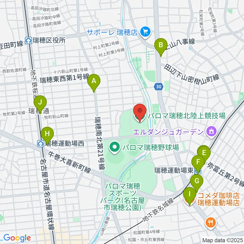 パロマ瑞穂北陸上競技場周辺のカフェ一覧地図