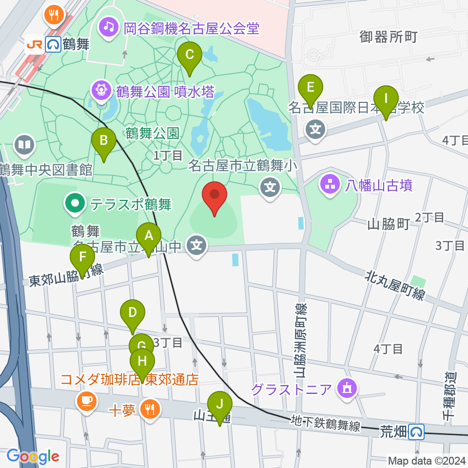 鶴舞公園野球場周辺のカフェ一覧地図