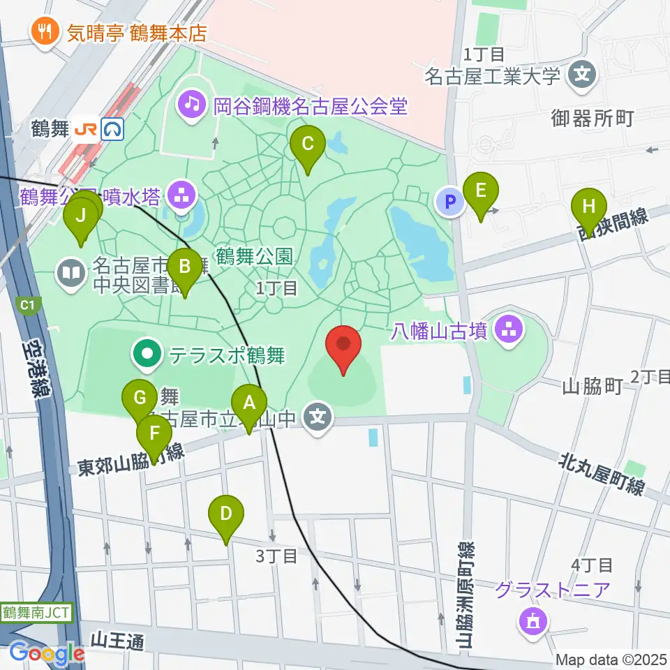 鶴舞公園野球場周辺のカフェ一覧地図