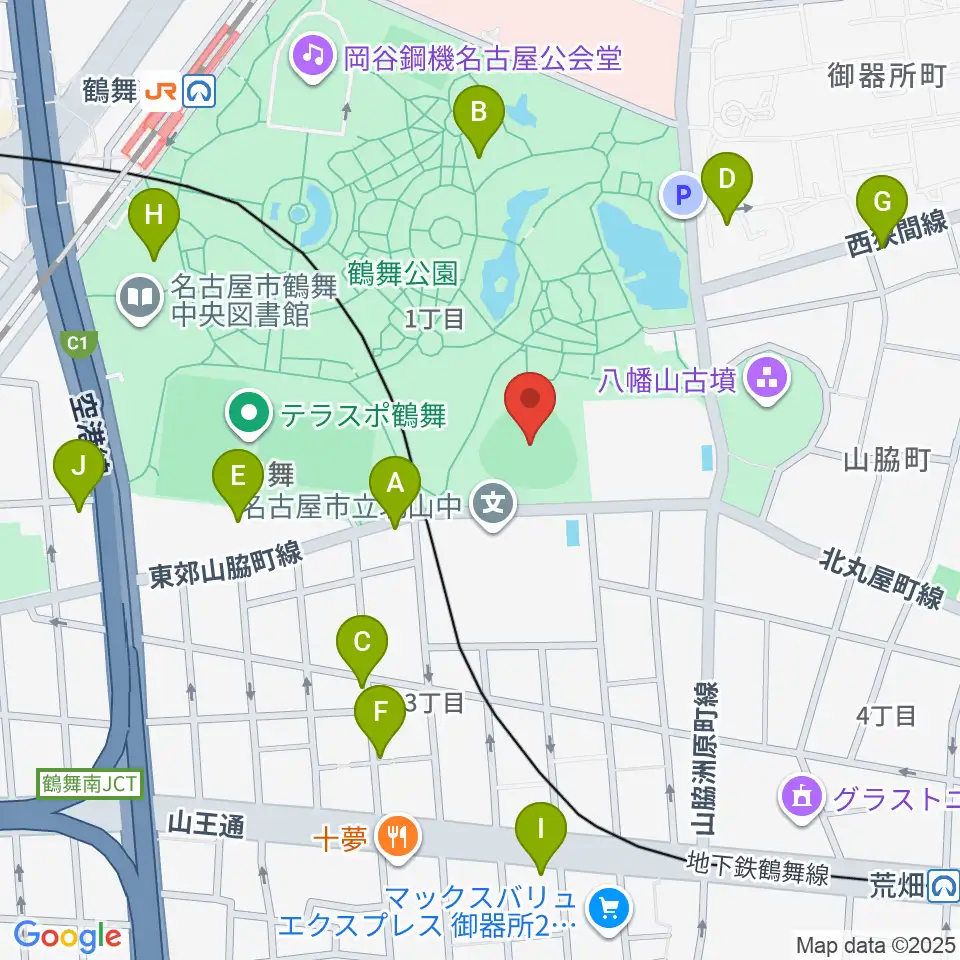 鶴舞公園野球場周辺のカフェ一覧地図