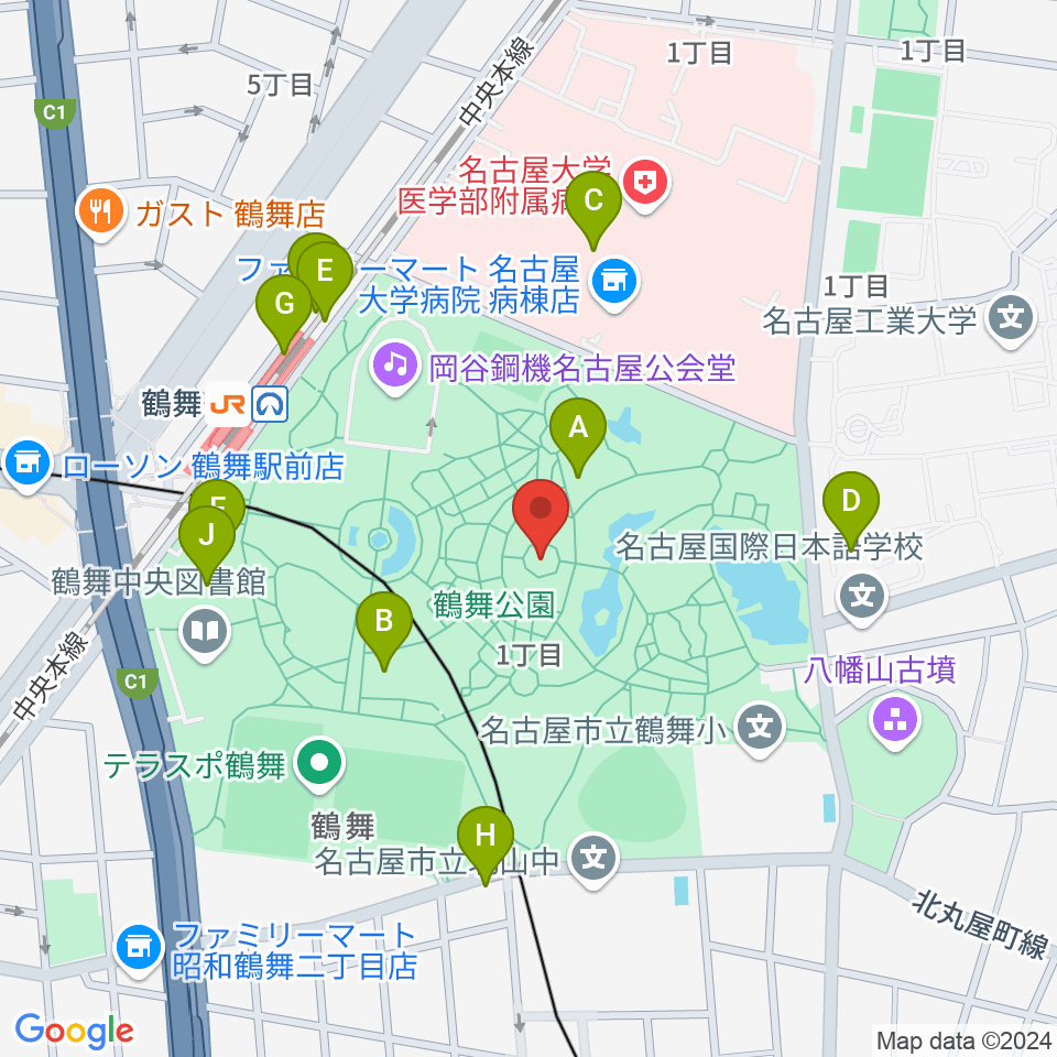 鶴舞公園奏楽堂周辺のカフェ一覧地図