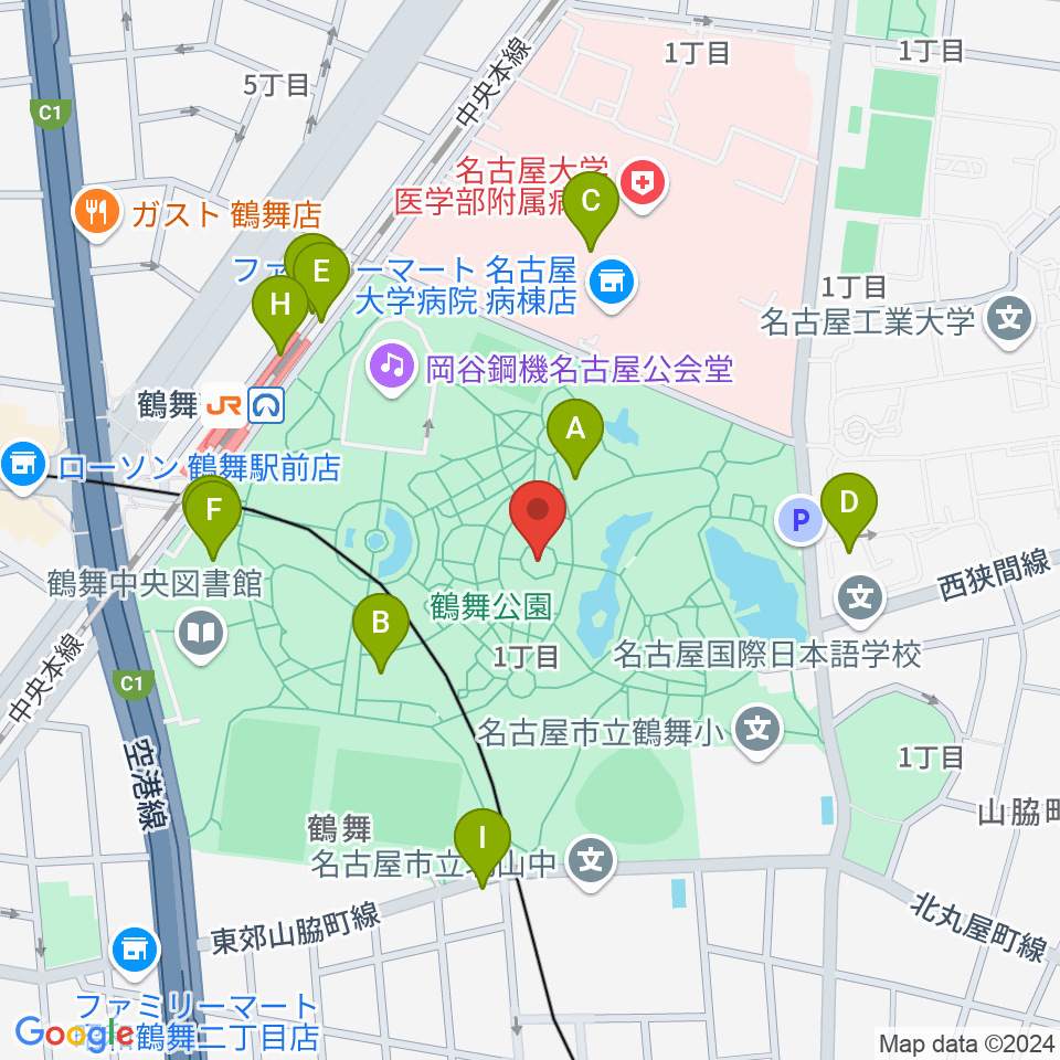 鶴舞公園奏楽堂周辺のカフェ一覧地図