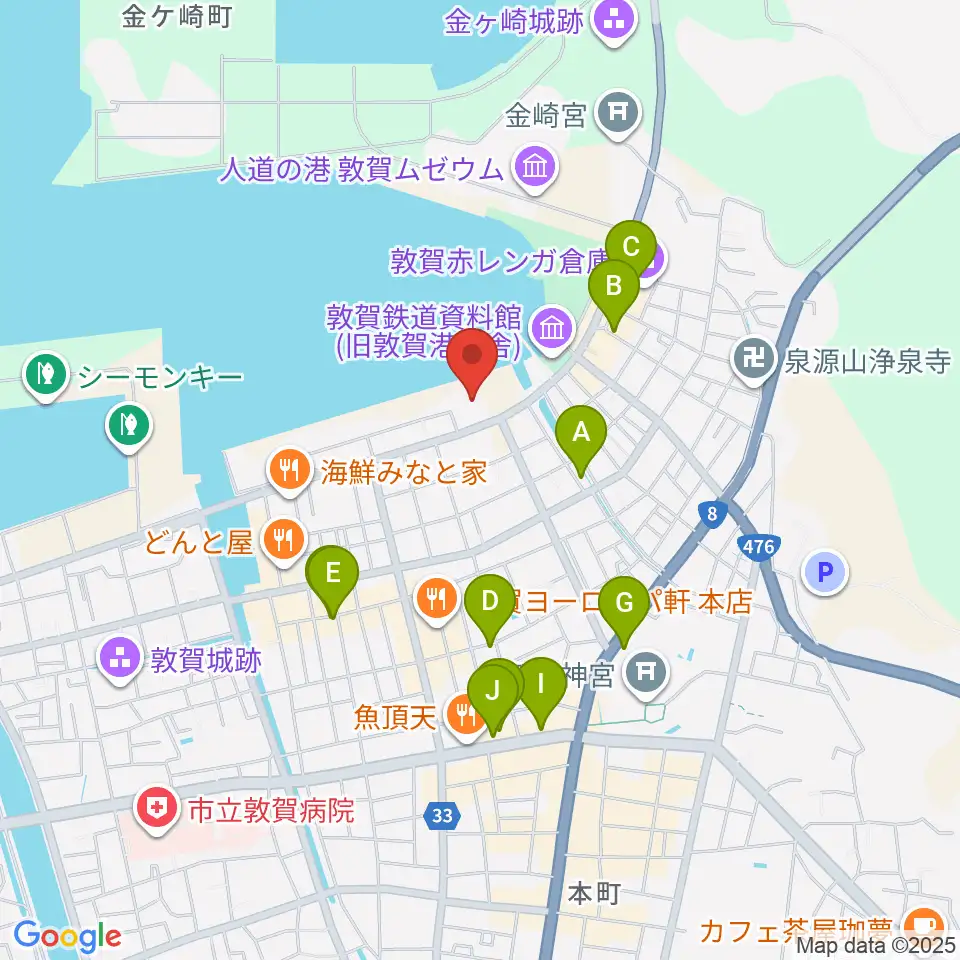 きらめきみなと館周辺のカフェ一覧地図