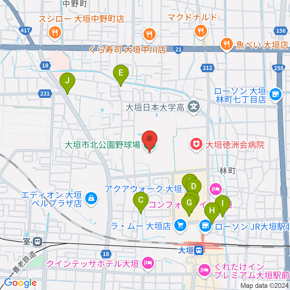 大垣市北公園野球場周辺のカフェ一覧地図